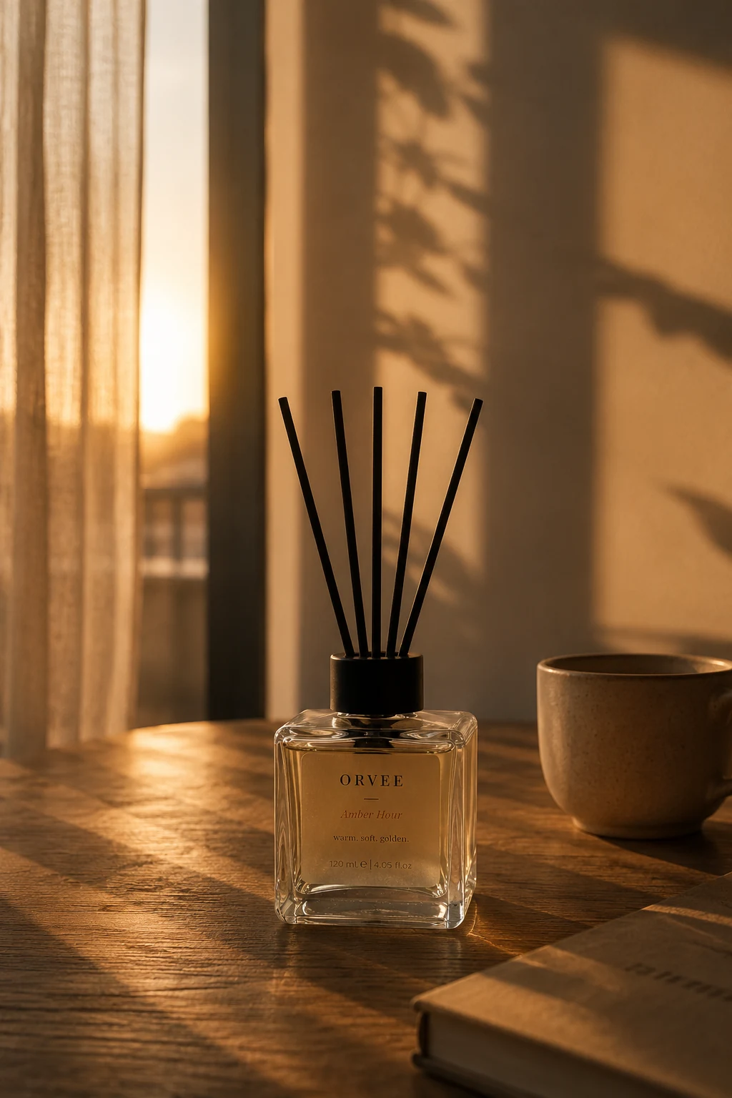 ORVEE Amber Hour reed diffuser sıcak gün batımı ışığında ürün görünümü